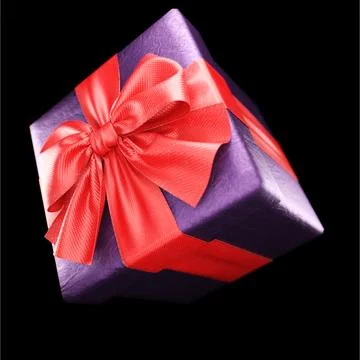 Gift box with red ribbon on black background. 3d Illustrazione stock