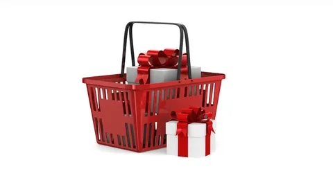 Gift box in red shopping basket on white background. Isolated 3d render Stock Footage 80209615