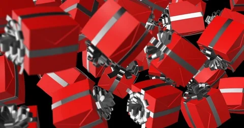 Gift box red silver close up falling slow motion Stock Footage 108135961