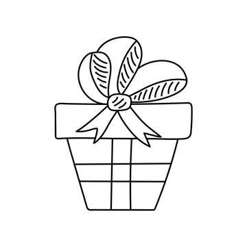 Gift box with ribbon and bow in doodle style. Black and white vector illust.. Stock Illustration