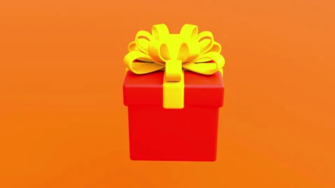 Gift box with ribbon bow on bright orange background 3d 4k looped animation Stock Footage 325796747