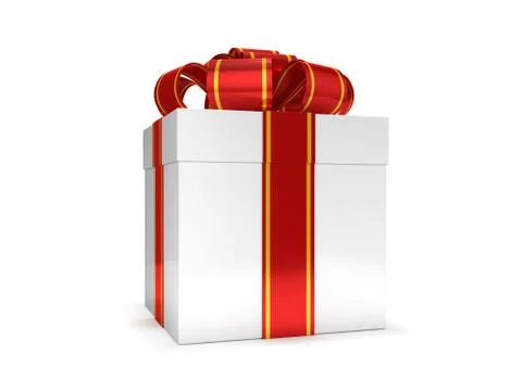 Gift box with ribbon bow, isolated on white. 3D Stock Illustration