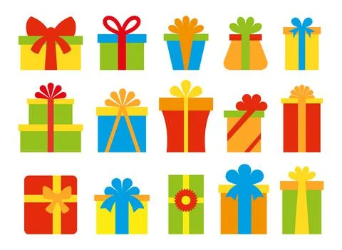 Gift box ribbon bow present package flat icon set Stock Illustration