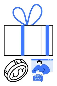 Gift Box with Ribbon, Dollar Coin and Man Holding Cash Back Sign Highlighting Stock Illustration