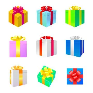 Gift box ribbon icon set color vector logo 3d isometric perspective. Isolated Stock-Illustration