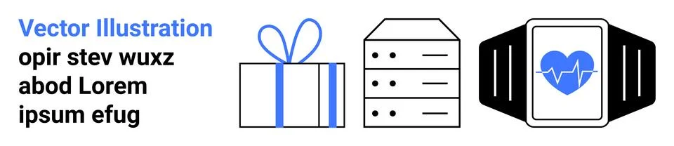 Gift box with ribbon, server stack, smartwatch with heart rate monitor. Ideal Stock Illustration