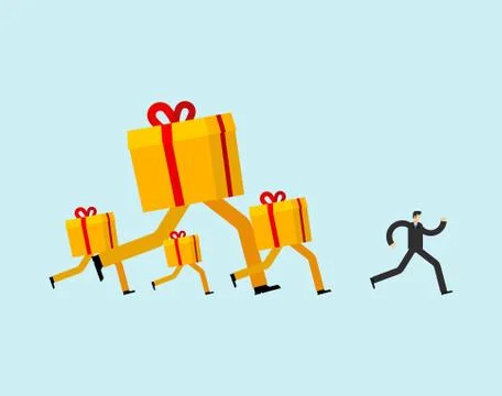 Gift box runs for Man. present running after Guy. Xmas and New Year vector il Stock Illustration