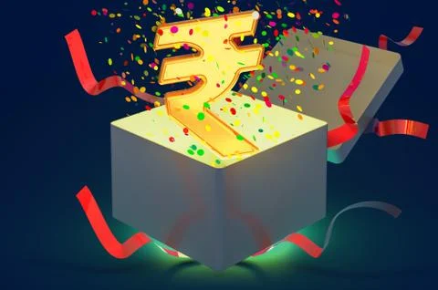 Gift box with rupee sign inside, 3D rendering Illustrazione stock