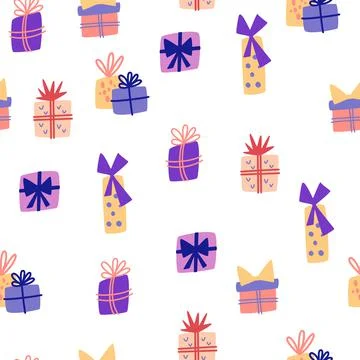 Gift box seamless pattern. Gift boxes with bows. Modern background for fabric 库存插图