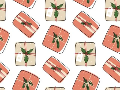 Gift box Seamless pattern. Gift boxes with craft paper and winter nature decor 스톡 일러스트