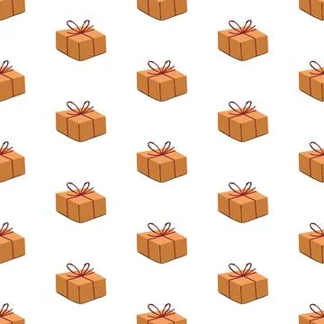 Gift Box Seamless Pattern Kraft Paper Present Red String Bow Christmas Hand.. Illustrazione stock