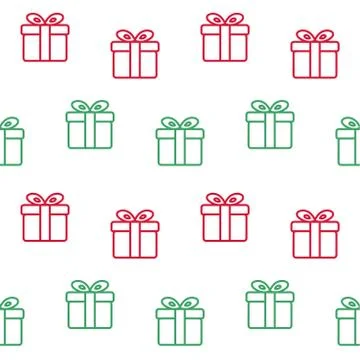 Gift box seamless pattern. Line art. Green and red on white background. 스톡 일러스트
