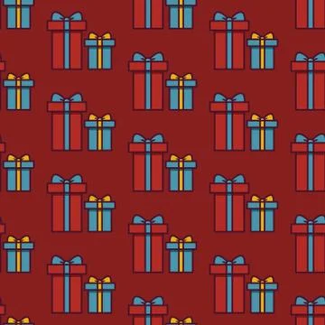 Gift box seamless pattern red background. Christmas festive illustration Stock Illustration