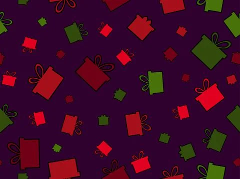 Gift box seamless pattern. Red and green gifts are scattered in a chaotic man Illustrazione stock