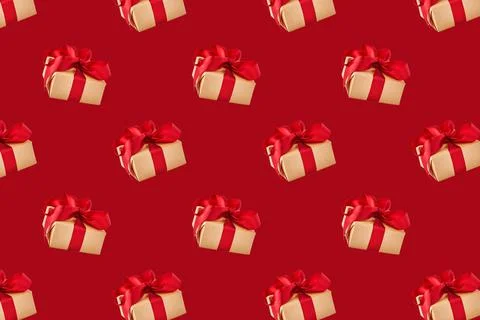 Gift box seamless pattern on red background Stock Photos