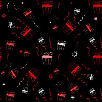Gift box seamless pattern. Vector boxes with gifts and stars background for t Stock Illustration