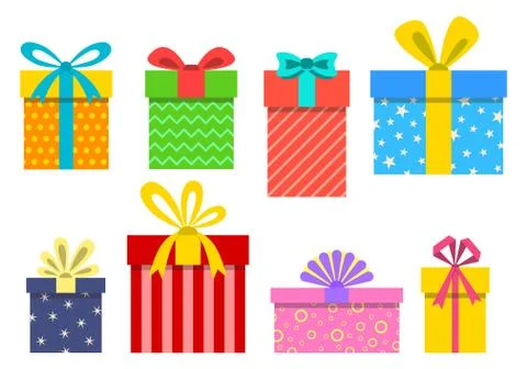 Gift box set. Present boxes icons for Christmas or Birthday with ribbon and bow. Stock Illustration