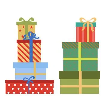 Gift box set. Stack of different presents for Christmas holiday. Big pile of Illustrazione stock