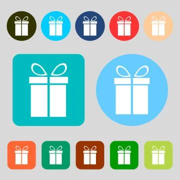 Gift box sign icon. Present symbol. 12 colored buttons. Flat design. Vector Illustrazione stock