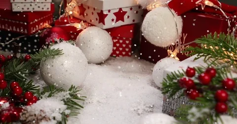 Gift box on snow for New year or christmas  background , in happy time Video stock 82842018