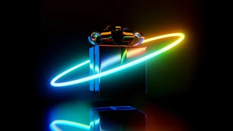 Gift box spins in neon light on a dark background. Stock Footage 259303867