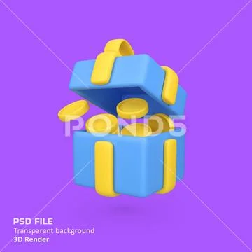 Gift box with stack of gold coins isolated 3d render icon illustration PSD Template
