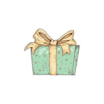 Gift box with stars pattern and big bow, hand drawn sketch vector illustration Stockillustratie