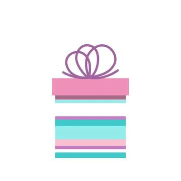 Gift box. Striped pink present box with purple bow. Flat, cartoon, vector Illustrazione stock