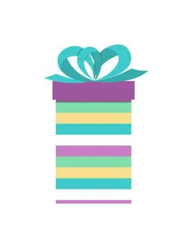 Gift box. Striped present box with big blue bow. Flat, cartoon, vector Stock Illustration