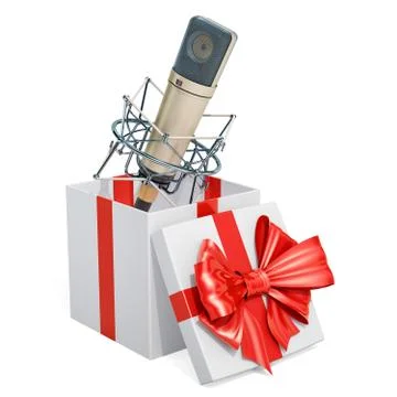 Gift box with studio microphone, 3D rendering Stock Illustration