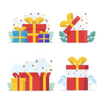 Gift box surprise concept showing present ideas, festive packaging. Stock Illustration