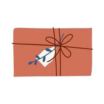 Gift box tied with a thread with a twig and tag Winter holiday, Christmas and Illustrazione stock