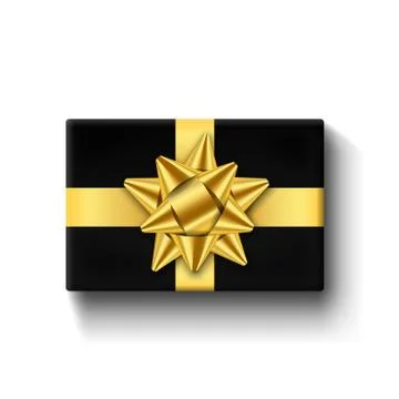 Gift box top view, 3d gold ribbon bow. Isolated white background. Decoration  Stock Illustration