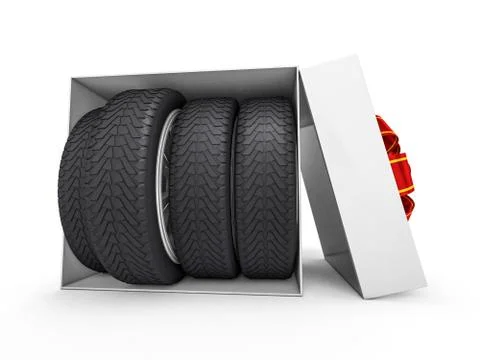 Gift box with tyres and wheels. 3D Stock Illustration