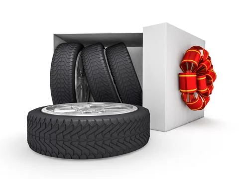 Gift box with tyres and wheels. 3D Illustrazione stock