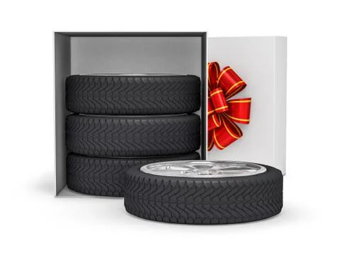Gift box with tyres and wheels. 3D Stock Illustration