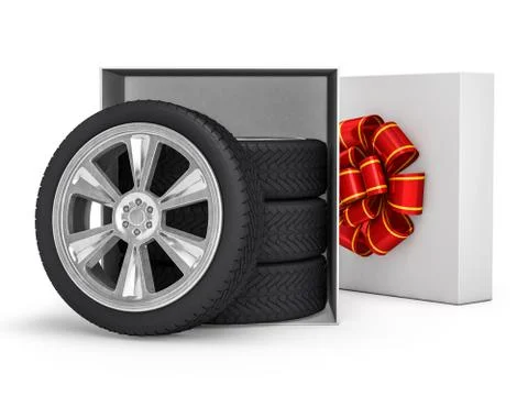 Gift box with tyres and wheels. 3D Stock Illustration