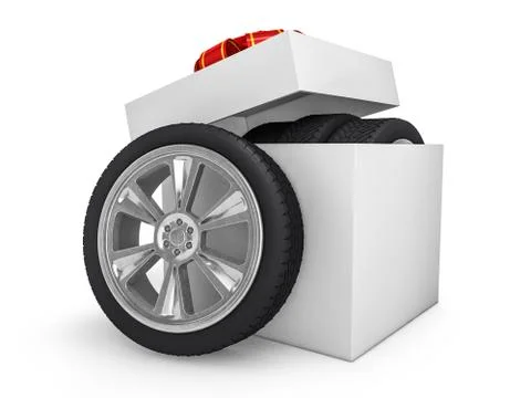 Gift box with tyres and wheels. 3D Illustrazione stock