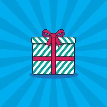 A gift box vector icon in flat 2D style with ribbon and blue sunburst backg.. Stock Illustration