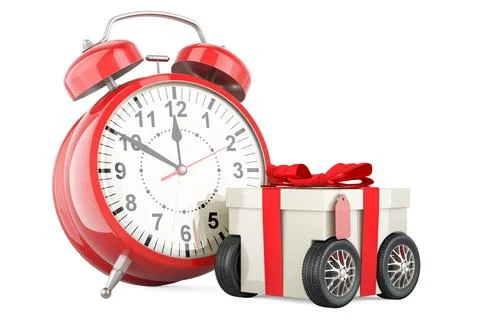 Gift box on wheels with alarm clock, fast delivery concept. 3D rendering Stock Illustration