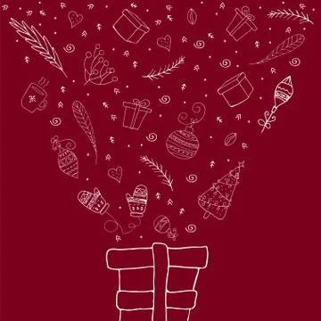 A gift box, from which many New Year's things fly out. Christmas concept. Stock Illustration