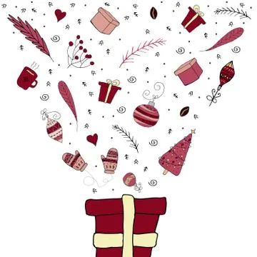 A gift box, from which many New Year's things fly out. Illustrazione stock
