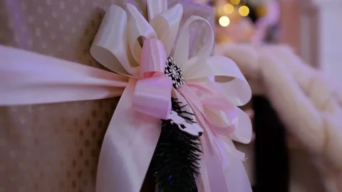 Gift box with white and pink bow. Christmas gift box wiht decorative mouse. Stock Footage 124037464