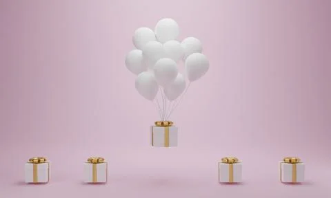 Gift box with white balloon floating on pink background. Minimal concept. 3d  Stock Illustration