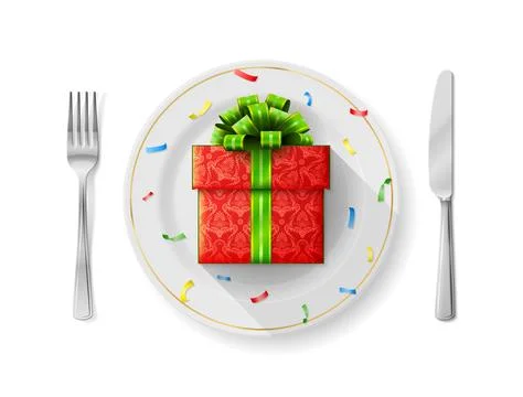 Gift box is on white plate with fork and knife, top view Stock Illustration