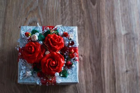 Gift box white with red Stock Photos