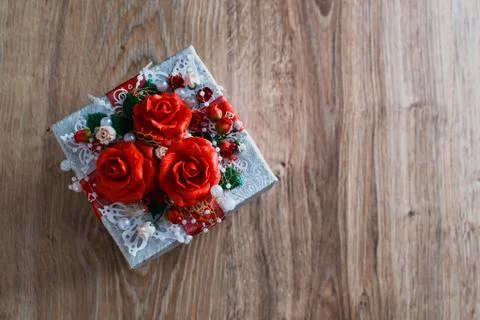 Gift box white with red Stock Photos