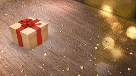 Gift box on. Wood table 3d rendering for holiday content.. 스톡 일러스트