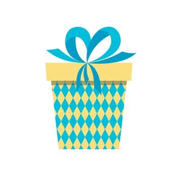 Gift box. Yellow blue present box with blue bow. Flat, cartoon, vector Illustrazione stock