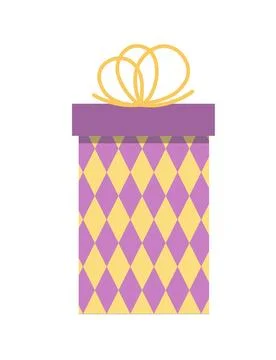Gift box. Yellow purple present box with yellow bow. Flat, cartoon, vector Stock Illustration